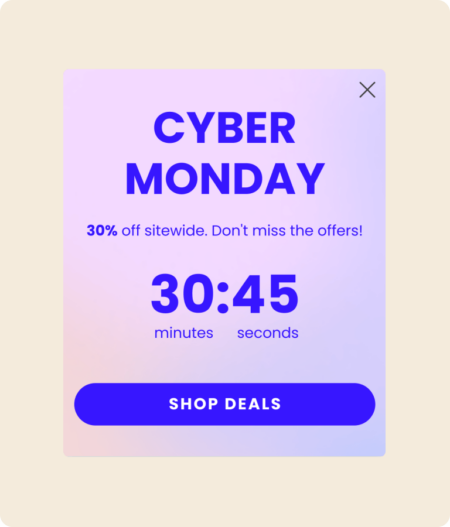 Formulario emergente en el que se avisa de una oferta del Cyber Monday, con una cuenta atrás a la que le quedan 30 minutos y 45 segundos.