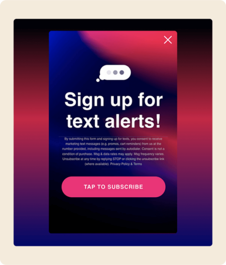 Formulario con el título «Regístrate para recibir alertas por SMS», un texto en letra pequeña y el botón «Toca para suscribirte».