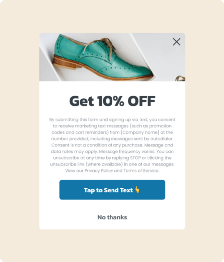 Formulario emergente con el que se promociona una oferta del 10 % de descuento y se muestran los botones «Toca para escribir» y «No, gracias».